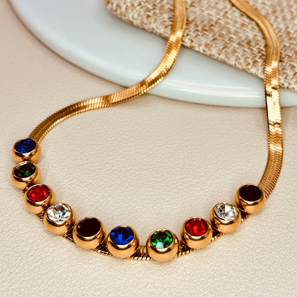 Studded Multicolor CZ Gold Herringbone Chain Necklace